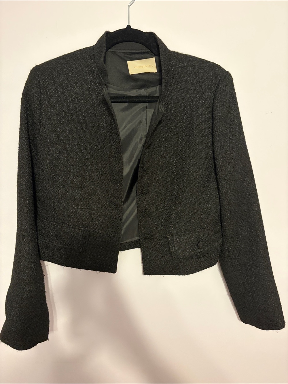 Cropped Black Textured Collarless Blazer Jacket
